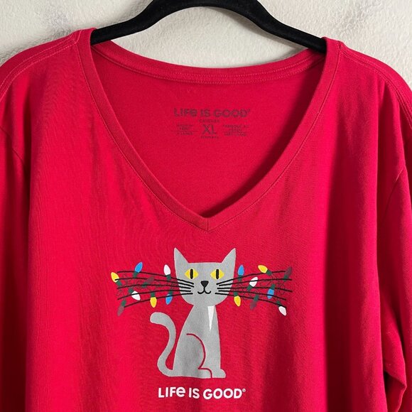 Life Is Good Womens XL Long Sleeve Crusher Tee Cat Holiday Lights V Neck Shirt - Picture 1 of 8